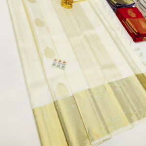 Beautiful Design Pure Kanjivaram Fancy Silk Saree White Color w/ Blouse