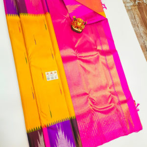 Trendy Temple Design Pure Kanjivaram Fancy Silk Saree Yellow Color w/ Blouse