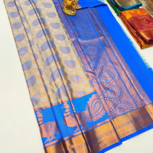 Peacock and Leaf Design Kanchi Semi Silk Saree Cream Color w/ Blouse