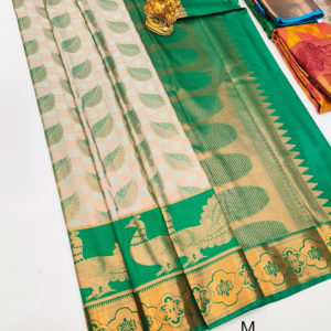 Peacock and Leaf Design Kanchi Semi Silk Saree White Color w/ Blouse