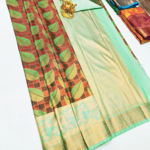Peacock and Leaf Design Kanchi Semi Silk Saree Orange and Brown Color w/ Blouse