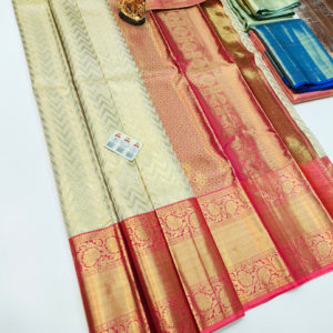 New Design Kanjivaram Pure Wedding Silk Saree Cream Color w/ Blouse