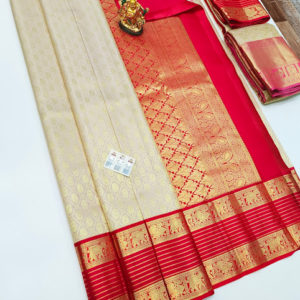 Unique Design Kanjivaram Pure Wedding Silk Saree Cream Color w/ Blouse