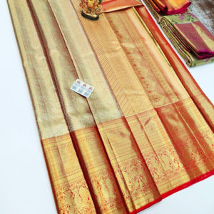 Kanjivaram Pure Wedding Silk Saree Golden Color w/ Blouse