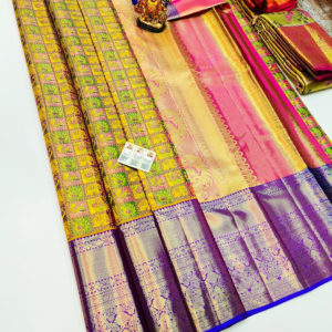 Elephant and Annam Design Kanjivaram Pure Wedding Silk Saree Multi Color w/ Blouse