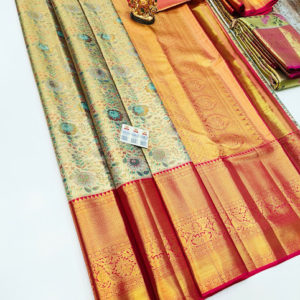 Flower Design Kanjivaram Pure Wedding Silk Saree Off White Color w/ Blouse