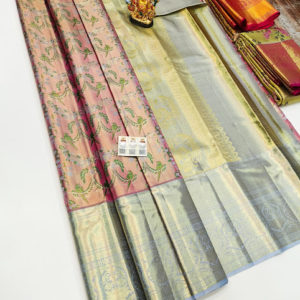 Parrot Design Kanjivaram Pure Wedding Silk Saree Peach and Gray Color w/ Blouse