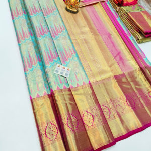 Unique Design Kanjivaram Pure Wedding Silk Saree Sky Blue Color w/ Blouse