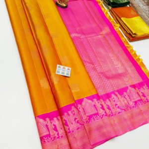 New Design Pure Kanjivaram Fancy Silk Saree Mango Yellow Color w/ Blouse