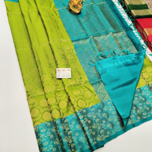 Beautiful Design Pure Soft Silk Saree Green and Sky Blue Color w/ Blouse