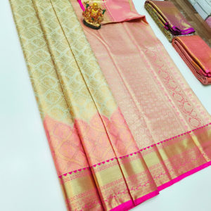 Unique Design Kanchi Semi Silk Saree Cream Color w/ Blouse