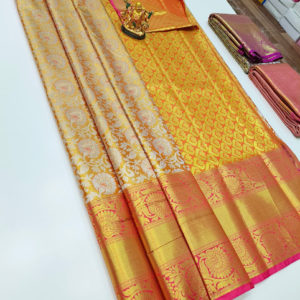 New Design Kanchi Semi Silk Saree Golden Yellow Color w/ Blouse