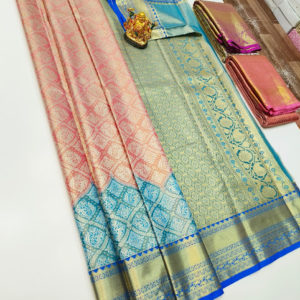 Kanchi Semi Silk Saree Peach and Blue Color w/ Blouse