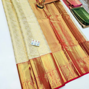 Trendy Design Kanjivaram Pure Wedding Silk Saree Cream Color w/ Blouse