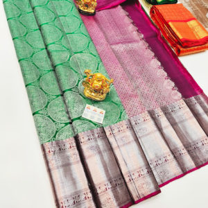 White Zari Work Kanjivaram Pure Wedding Silk Saree Green Color w/ Blouse