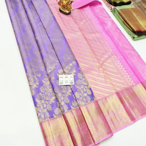 Beautiful Floral Design Kanjivaram Pure Wedding Silk Saree Lavender Color w/ Blouse