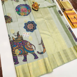 New Elephant Design Kanjivaram Pure Wedding Silk Saree Light Pista Color w/ Blouse
