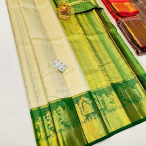 Unique Design Kanjivaram Pure Wedding Silk Saree Off White Color w/ Blouse