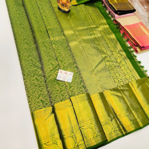 Kanjivaram Pure Wedding Silk Saree Olive Green Color w/ Blouse