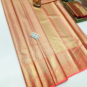 Floral Kanjivaram Pure Wedding Silk Saree Peach Color w/ Blouse
