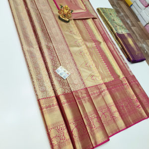 Floral Design Kanjivaram Pure Wedding Silk Saree Peach Color w/ Blouse