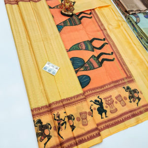 Adivasi Man Design Kanjivaram Pure Wedding Silk Saree Sandal Color w/ Blouse