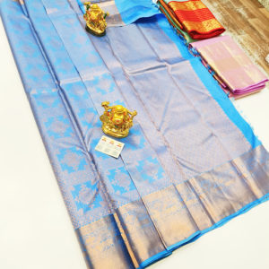 Kanjivaram Pure Wedding Silk Saree Sky Blue Color w/ Blouse