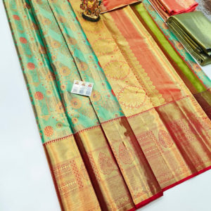 Floral Kanjivaram Pure Wedding Silk Saree Teal Green Color w/ Blouse