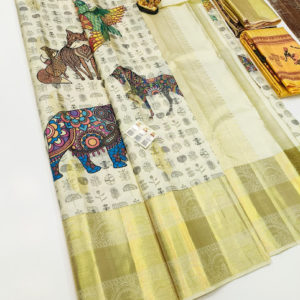 Unique Animals Design Kanjivaram Pure Wedding Silk Saree White Color w/ Blouse