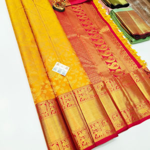 Floral Design Kanjivaram Pure Wedding Silk Saree Yellow Color w/ Blouse