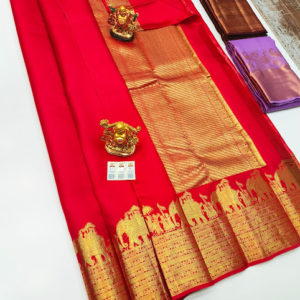 Traditional Elephant Design Pure Kanjivaram Fancy Silk Saree Chili Red Color w/ Blouse