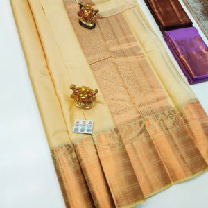 Sunflower and Peacock Design Pure Kanjivaram Fancy Silk Saree Cream Color w/ Blouse