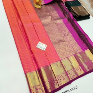 Pure Kanjivaram Fancy Silk Saree Double Shade ( Orange, Rose ) Color w/ Blouse
