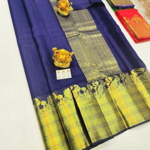 Sunflower and Peacock Design Pure Kanjivaram Fancy Silk Saree Ink Blue Color w/ Blouse