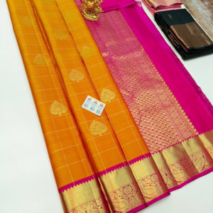 New Design Pure Kanjivaram Fancy Silk Saree Mango Yellow Color w/ Blouse