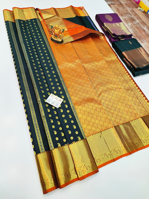 Small Mango Design Pure Kanjivaram Fancy Silk Saree Military Green Color w/ Blouse
