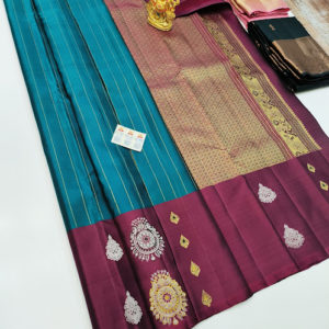 Unique Design Pure Kanjivaram Fancy Silk Saree Peacock Blue Color w/ Blouse