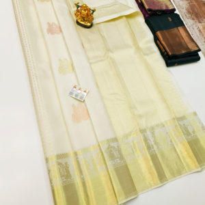 Beautiful Design Pure Kanjivaram Fancy Silk Saree White Color w/ Blouse