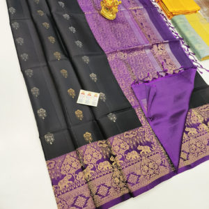 Elephant Design Pure Soft Silk Saree Black Color w/ Blouse