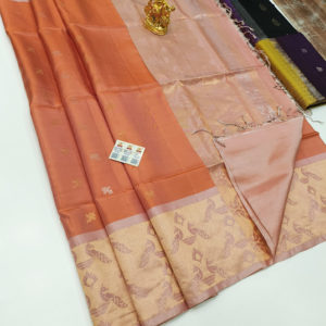 Peacock Design Pure Soft Silk Saree Orange Color w/ Blouse