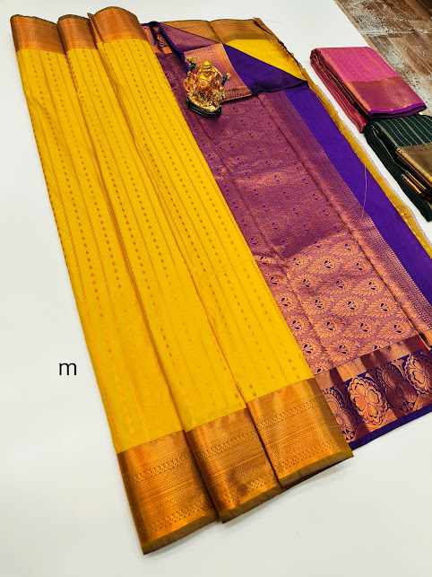 High Fancy Kanjivaram Silk Saree Mix Lemon Yellow Color w/ Blouse
