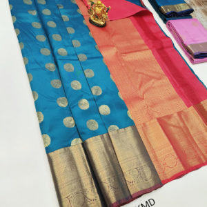 Circle Design K.M.D Soft 75% Pure Silk Saree Blue Color w/ Blouse