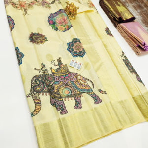 Elephant Print Design Kanjivaram Pure Wedding Silk Saree Cream Color w/ Blouse