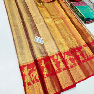 Traditional Design Kanjivaram Pure Wedding Silk Saree Golden Color w/ Blouse