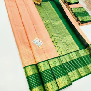 Latest Design Kanjivaram Pure Wedding Silk Saree Light Peach Color w/ Blouse
