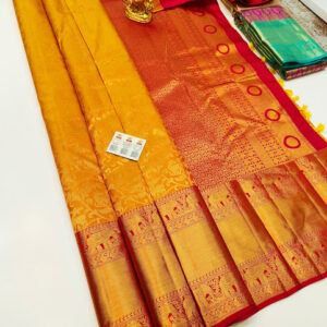 Floral Design Kanjivaram Pure Wedding Silk Saree Mango Yellow Color w/ Blouse