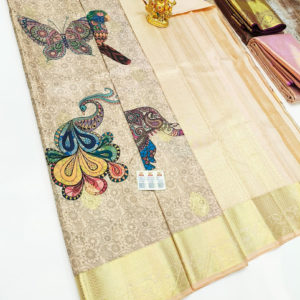 Different Butterfly and Peacock Print Design Kanjivaram Pure Wedding Silk Saree Off White Color w/ Blouse