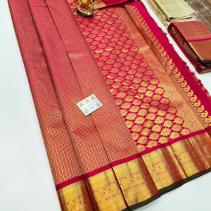 Small Checks Design Kanjivaram Pure Wedding Silk Saree Red Color w/ Blouse