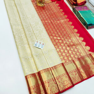 Different Design Kanjivaram Pure Wedding Silk Saree White Color w/ Blouse