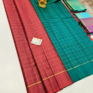 Big Checks Design Pure Kanjivaram Fancy Silk Saree Apple Red Color w/ Blouse